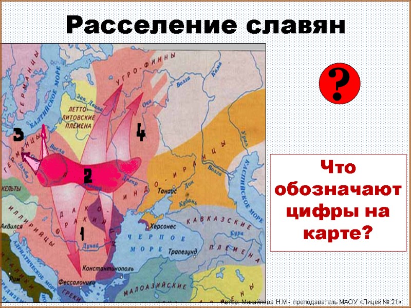 Расселение славян Что обозначают цифры на карте? ? Автор: Михайлова Н.М.- преподаватель МАОУ «Лицей